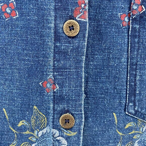 Requirements Dress Size L Blue Floral Linen Metal Button Up Peasant Ranch Farm - Picture 3 of 8
